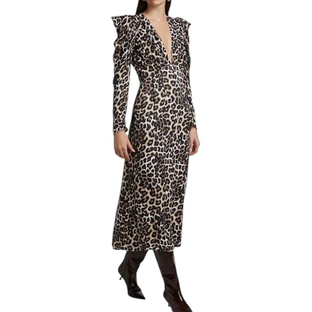NEW Farm Rio Leopard Print V-Neck Midi Dress Long Sleeve Empire Waist Size Large - Picture 4 of 12
